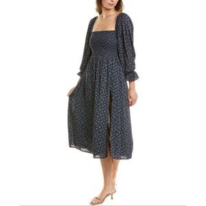 O.P.T. Navy Blue & Gold Metallic Fleck Dots Smocked Long Sleeve Midi Dress XS